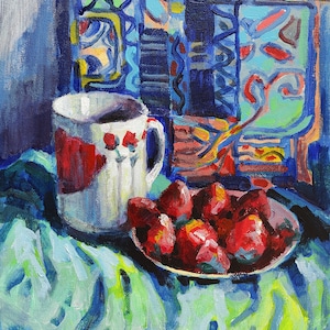 Peinture à l'huile Nature morte aux fraises, Nature morte au petit-déjeuner dans la cuisine, Nature morte aux baies, Image originale sur toile, Décoration ukrainienne, Texturé