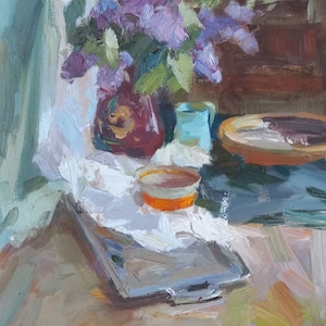 Pintura al óleo Primavera improvisada Bodegón Pintura floral de cocina vintage Obra de arte original sobre lienzo, Decoración ucraniana, Hecho a mano, Texturizado