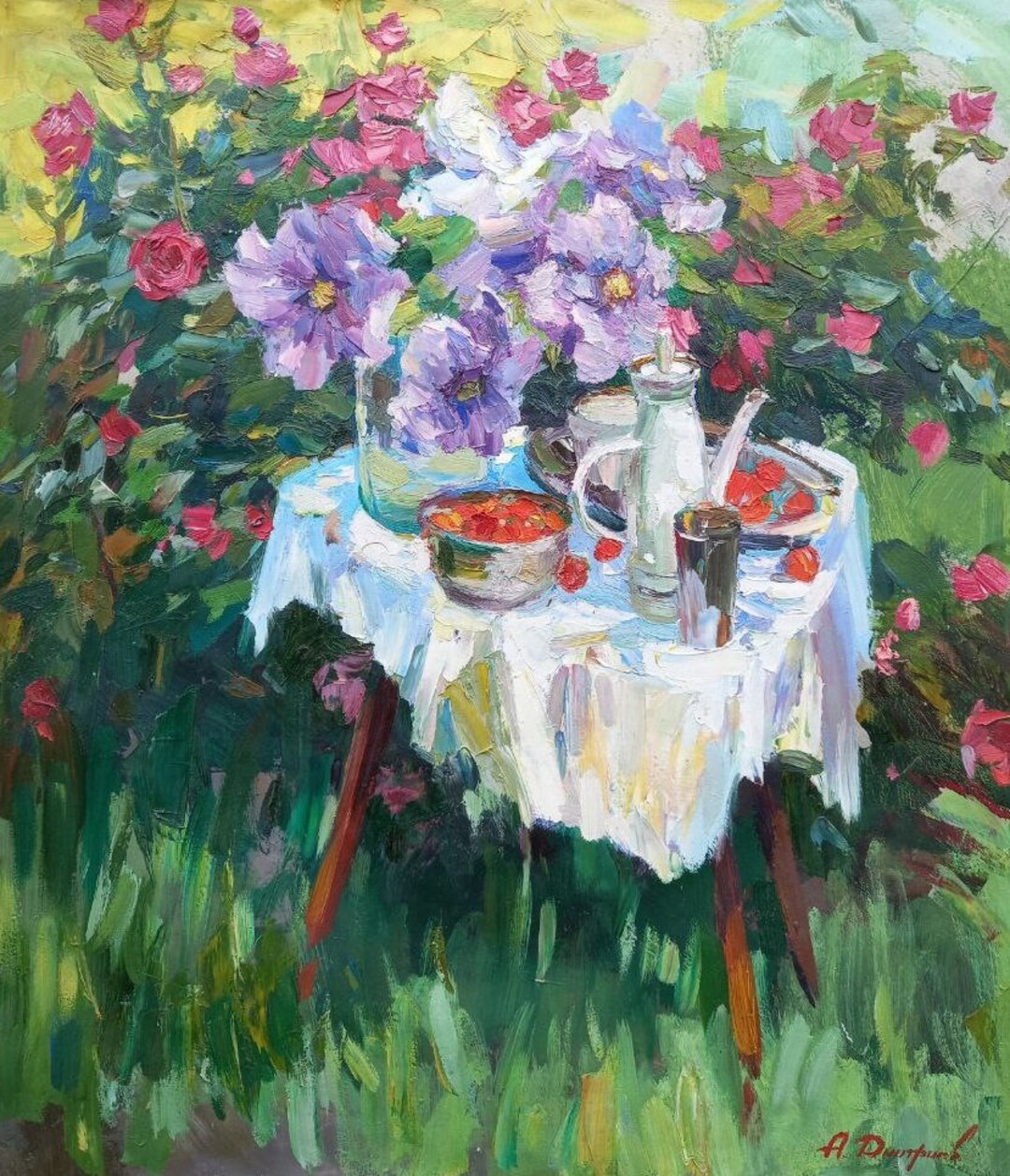 絵画 油絵　Ｆ8   庭の花 夏の静物油絵：花の庭の風景、32.7x28.7インチ - Etsy 日本