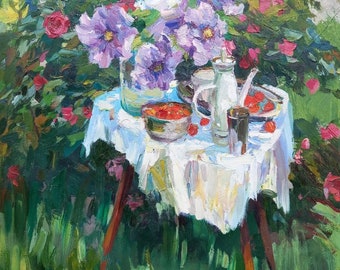 お花の油絵 夏の静物油絵：花の庭の風景、32.7x28.7インチ - Etsy 日本