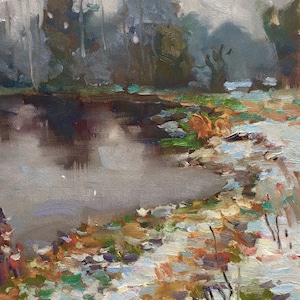 Pintura al óleo Nubes, Reflejo del río, Paisaje ribereño ucraniano, Río rural nevado, Original sobre lienzo, Decoración ucraniana, Texturizado