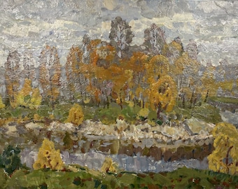 Dipinto ad olio firmato "Foresta autunnale": opera d'arte naturalistica da collezione