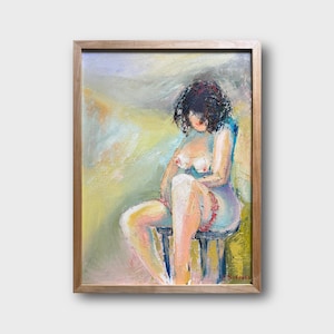 Abstract Ukrainian oil painting, Nu model portrait, Ukrainian painter, Primitive Genre painting, Original picture on canvas Ukrainian decor