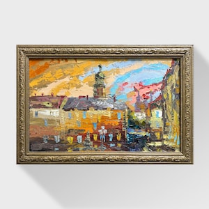 Ukrainian oil painting, City of Lviv painting, Ukrainian painter, Ukrainian cityscape, Original picture on canvas, Ukrainian decor, Framed