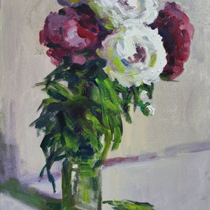 Pintura acrílica de peonías, bodegón, colores mixtos, bodegón floral, ramo de flores, cuadro original sobre lienzo, decoración ucraniana, texturizado