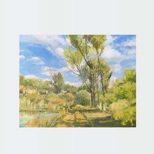 Pintura al óleo ucraniana, En el pueblo, Pintor ucraniano, Campo ucraniano, Imagen original sobre cartón, Decoración ucraniana, Texturizada