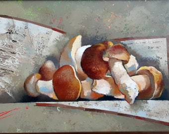 Oil painting on canvas, Mushrooms, Still life, Original picture, Ukrainian painter, signed artwork, art&collectibles, home decor