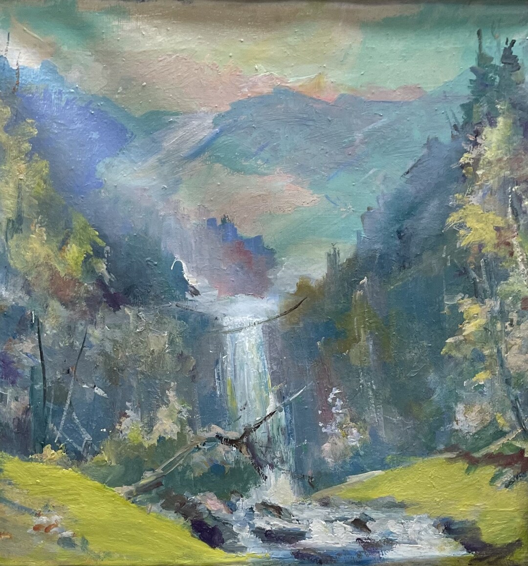 森の滝の油絵、キャンバスに描かれたオリジナル作品、ウクライナ風の