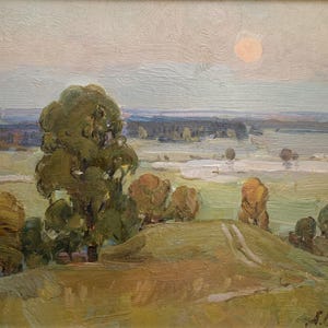 Noite de pintura a óleo em Sednev, Horizonte de colina, Acampamento na natureza, Paisagem do céu ucraniano, Original em papelão, Decoração ucraniana, Texturizado