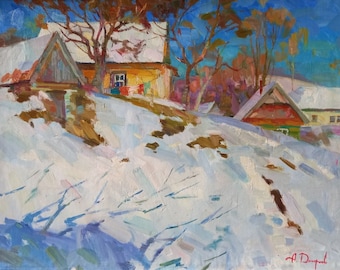 Dipinto ad olio di paesaggio di campagna ucraina, tracce nella neve, inverno nel villaggio di Fedunka, opera d'arte originale su tela, arredamento ucraino strutturato