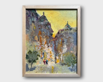 May include: A painting depicting a city street scene with buildings lining either side of the street. The buildings are painted in a textured style with a yellow sky in the background. Two figures are walking in the street.