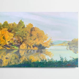 Pintura al óleo ucraniana, Río matutino, Pintor ucraniano, Paisaje ucraniano, Imagen original sobre cartón, Decoración ucraniana, Texturizado