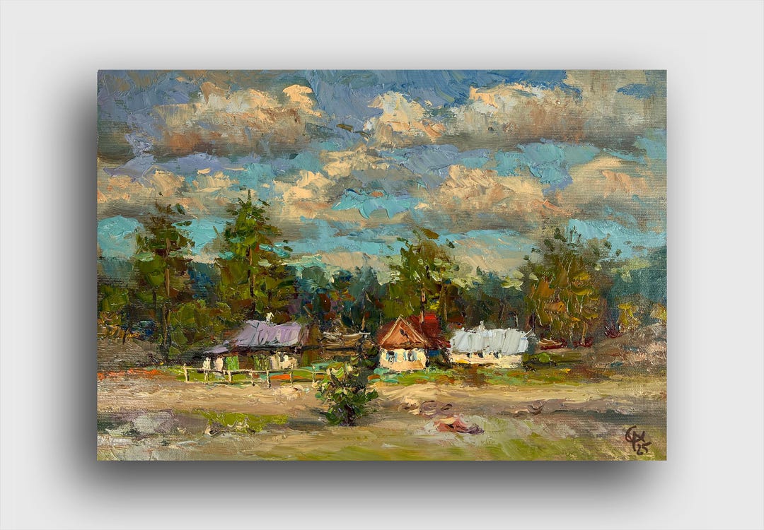 Original Village Landscape Oil Painting on Canvas, Unframed Modern Wall ...