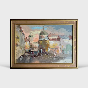 Ukrainian oil painting, Lviv Square painting, Ukrainian painter, Ukrainian cityscape, Original picture on canvas, Ukrainian decor, Framed