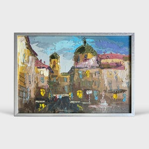 Ukrainian oil painting, Lviv cityscape, Ukrainian painter, Ukrainian cityscape, Original picture on fiberboard, Ukrainian decor, Framed