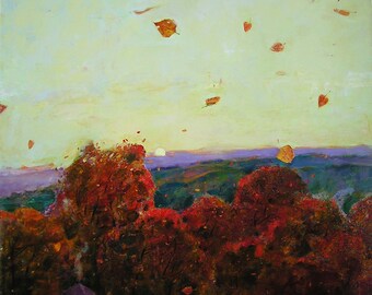 Oil painting Sunset over the Forest, Horizon, Fallen leaves, Autumn, Original artwork on canvas, Ukrainian decor Handmade, Texture, Panorama