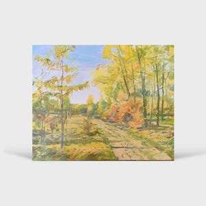 Pintura al óleo ucraniana, Camino en el bosque, Pintor ucraniano, Paisaje ucraniano, Imagen original sobre cartón, Decoración ucraniana, Texturizada