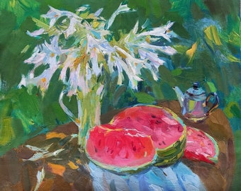Oil painting on canvas, Watermelon, Flowers, Ukrainian painter, original painting, Wall decor, Home Decor, kitchen decor