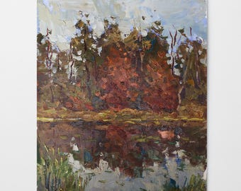 May include: A painting depicting a woodland scene with a lake in the foreground. The trees are a mixture of green and brown, and the lake is a deep blue. The sky is a light blue with white clouds.