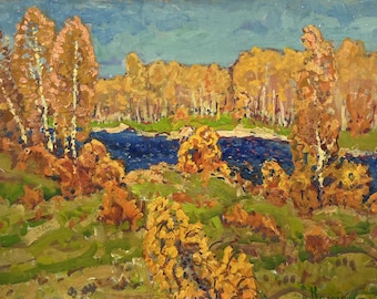 Vintage Autumn Riverscape Oil Painting: Signed Original Artwork