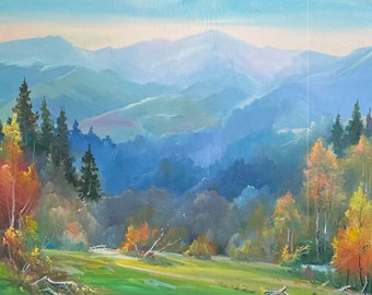 Snowy Mountains in national forest oil painting, Original artwork on canvas, Ukrainian decor, Handmade, Autumn, landscape, Panorama, Hills