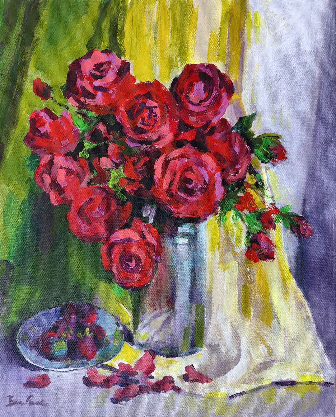 Acrylic Painting Still Life With Roses Rustic Mixed Floral - Etsy