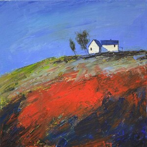 Acrylic painting House on the Hill Original artwork, landscape, canvas, Ukrainian decor, Handmade, textured