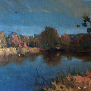 Pintura al óleo Río claro, Reflejo del río, Paisaje rural ucraniano, Ribera rural, Original sobre lienzo, Decoración ucraniana, Texturizado