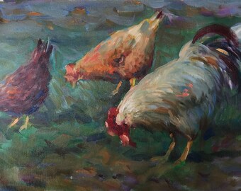 Oil painting Chicken family, farm animal, In village, Chicken painting, Ukrainian countryside, Original on canvas, Ukrainian decor, Textured
