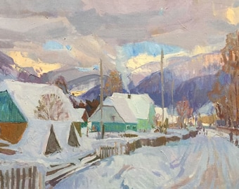 Oil painting winter original picture Ukrainian painter landscape art work & collectibles kitchen deco