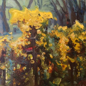 Pintura al óleo abstracta Arbusto callejero, macizo de flores, Flores, Arte floral vintage, Original en cartón, Decoración ucraniana Hecho a mano, Texturizado