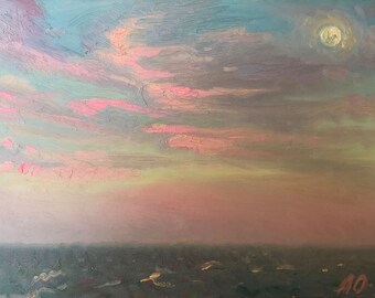 Abstract Oil painting Sunset horizon, art collectibles, Original on fiberboard, Ukrainian decor Handmade, Textured, Nautical Summer skyscape