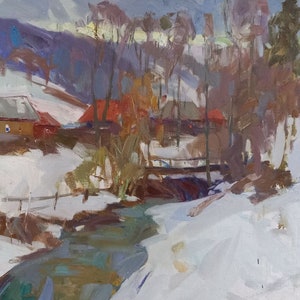 Oil painting on canvas, Winter, Rural, original painting, wall decor, Home Decor, Ukrainian painter, kitchen decor