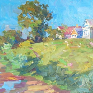 Oil painting on canvas, Village, Rural, Ukrainian painter, home decor, original painting, signed painting, wall decor