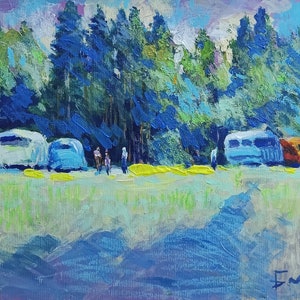 Pequena paisagem de acampamento com pintura a óleo, Piquenique na floresta, Férias em família, Acampamento na floresta, Original em papelão, Decoração ucraniana, Texturizado