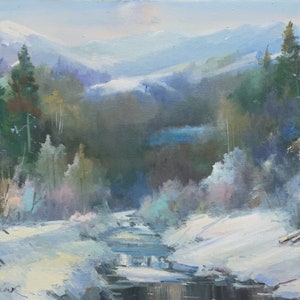Pintura al óleo de un río en un bosque invernal, obra original sobre lienzo, decoración de Ucrania, cuadro hecho a mano, textura al óleo, paisaje de montaña.