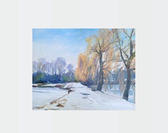 Dipinto originale ad olio su tela raffigurante un paesaggio invernale, opera d'arte moderna senza cornice, 40 x 50 cm.