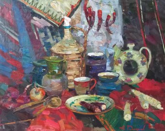 Oil painting on canvas, Ukrainian still life, large painting, original painting, Ukrainian painter, wall decor, Home Decor, kitchen decor
