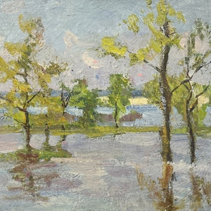 Pintura al óleo Río inundación obra de arte coleccionables pintura de la naturaleza obra de arte original obra de arte firmada