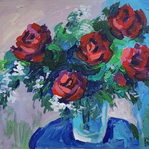 Pequeña pintura al óleo de rosas, bodegón, flores mixtas, bodegón floral, ramo de flores, original sobre cartón, decoración ucraniana, texturizado