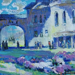 Pintura al óleo Monasterio de San José. Ivano-Frankovsk, Macizos de flores de la ciudad, Paisaje urbano de la iglesia, Original sobre cartón, Decoración ucraniana, Textura