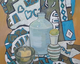 Abstract Still Life Oil Painting: Blue Kitchen Decor, Original Canvas Art