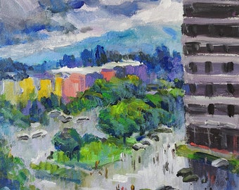 May include: A painting depicting a cityscape with a tall, grey building on the right. The building has numerous windows and is set against a cloudy, grey sky. The foreground features trees and cars.