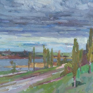 Pintura al óleo Tormenta en el río, Pendiente, Paisaje rural ucraniano, Imagen original sobre lienzo, Decoración ucraniana, Texturizado, Ribera