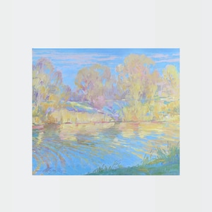 Peinture à l'huile Au bord d'un lac, peintre ukrainien, décoration murale, peinture originale, photo de décoration ukrainienne sur carton, peinture de paysage texturé