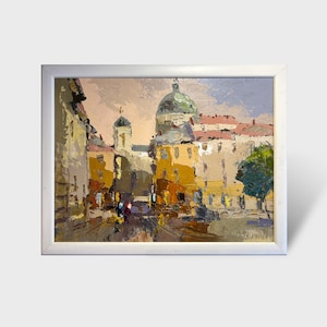 Ukrainian oil painting, Lviv market square painting, Ukrainian painter, Ukrainian cityscape, Original picture on canvas, Ukrainian decor