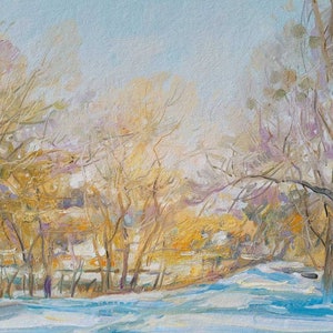 Ukrainian countryside Landscape oil painting By the river. Winter, Snow countryside, Original on cardboard, Ukrainian decor, Textured
