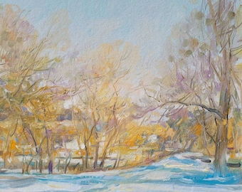 Paesaggio rurale ucraino, dipinto ad olio. Vicino al fiume. Inverno, campagna innevata, originale su cartone, decorazione ucraina, strutturato.