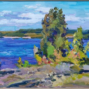 Pintura al óleo Día cálido, Paisaje rural ucraniano, Panorama del río, Original sobre lienzo, Decoración ucraniana, Texturizado, Ribera de verano