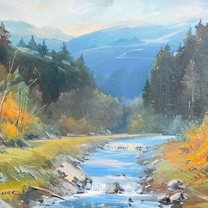 peinture à l&#39;huile vintage, rivière dans la forêt, oeuvres d&#39;art originales sur toile, décor ukrainien, fait main, huile texturée, paysage au bord de la rivière